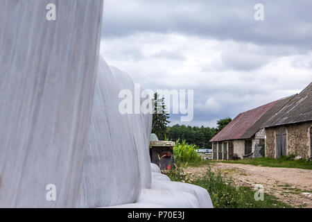 Impilati come una piramide,le balle di insilato, avvolti in una membrana.il cibo per le mucche in inverno vicino a stalle per le mucche.Farm in Podlasie, Polonia. Foto Stock