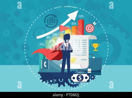 Personaggio cartoon di super eroe imprenditore con successo la carriera finanziaria. Design piatto. Illustrazione Vettoriale