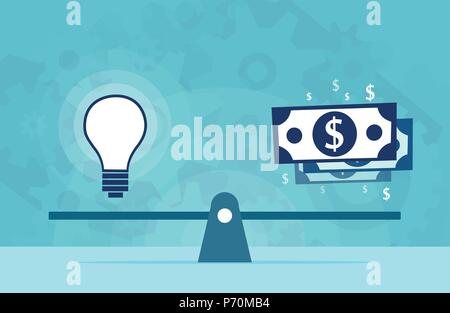 Lampadina della luce idea e denaro su scale. Vector design piatto il concetto di business. Il valore della proprietà intellettuale Illustrazione Vettoriale