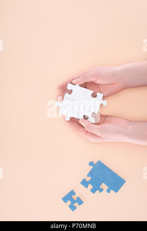 Immagine ritagliata di imprenditrice azienda puzzle assemblato pezzo in mani isolato sul beige, concetto di business Foto Stock