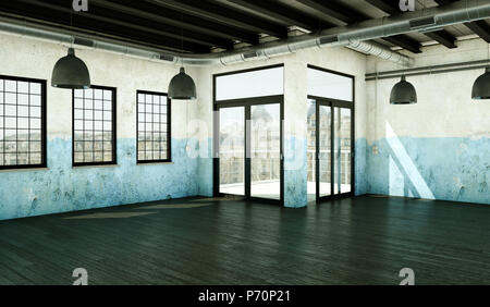 Vuoto loft con pareti a spiovente, windows e parquet Foto Stock