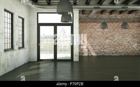 Vuoto loft con pareti a spiovente, windows e parquet Foto Stock