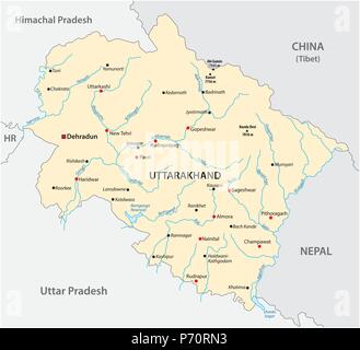 Mappa vettoriale del nord lo stato indiano di Uttarakhand, India Illustrazione Vettoriale