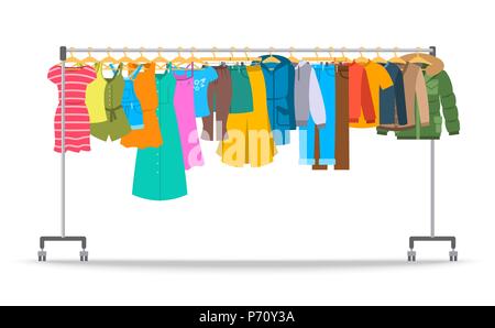 Gli uomini e le donne abiti casual su hanger rack. Uno stile piatto illustrazione vettoriale. Maschio e femmina abbigliamento appesi su shop rolling display stand. Nuovo fashio Illustrazione Vettoriale