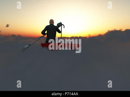 Pittura surreale. L'uomo galleggianti in rosso ombrello. Foto Stock