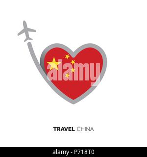 In Cina il concetto di viaggio. Forma di cuore bandiera con l'aereo Illustrazione Vettoriale