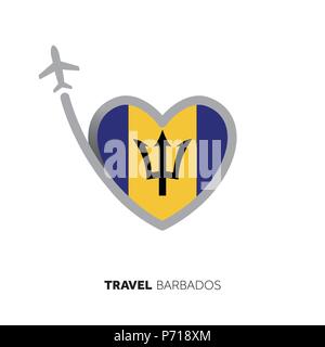 Barbados concetto di viaggio. Forma di cuore bandiera con l'aereo Illustrazione Vettoriale