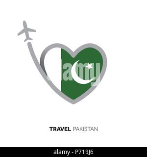 Il Pakistan concetto di viaggio. Forma di cuore bandiera con l'aereo Illustrazione Vettoriale