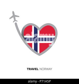 Norvegia concetto di viaggio. Forma di cuore bandiera con l'aereo Illustrazione Vettoriale