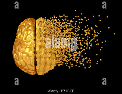 Disintegrazione di Golden cervello digitale su sfondo nero. 3D'illustrazione. Foto Stock
