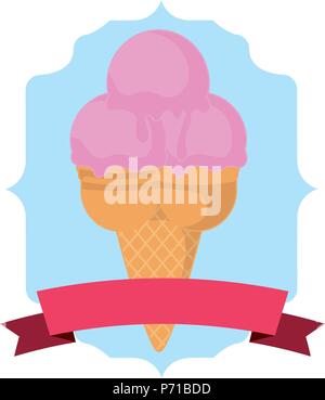 Gelato alla crema con tre scoop su cornice decorativa e il nastro e lo sfondo bianco, illustrazione vettoriale Illustrazione Vettoriale