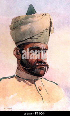 Inglese: Sepoy quarantesimo sentiero (ora xvi Battaglione del Reggimento Punjab, Pakistan esercito). Acquerello da importanti Alfred affollata Lovett, 1910. Pubblicato in MacMunn & Lovett, eserciti di India, 1911. 1910 3 quarantesimo sentiero, AC Lovett, 1910. Foto Stock