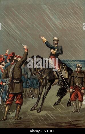 España. Guerra de África (1860). El generale Juan Prim Prats (1814-1870) arengando a los voluntarios catalanes. Foto Stock