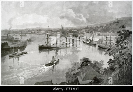 Incisione del traffico sul Fiume Brisbane dalla terrazza di Bowen, Queensland, Australia. Dal pittoresco Atlas dell Australasia Vol 2, 1886 Foto Stock