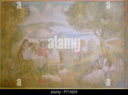 Inglese: il nuovo ambulatorio del Royal National Orthopaedic Hospital di Bolsover Street, il centro di Londra è stato aperto nel 1927. Montato su una sala d'attesa (hall) muro fosse una serie notevole di murales dipinti da Katharine Anne (Nan) West, figlia dell'ospedale del presidente, Henry West. Queste immagini che coprono oltre 90 metri quadrati, testimoniare su grande scala per la prevalente aspirazione a ripristinare una funzione sociale all'arte. Fonte: BMJ 1998;317:1736 Una di queste opere (qui illustrato) è il 'Summer tema' pannello. Per ulteriori informazioni si prega di consultare: http://www3.westminster.go Foto Stock