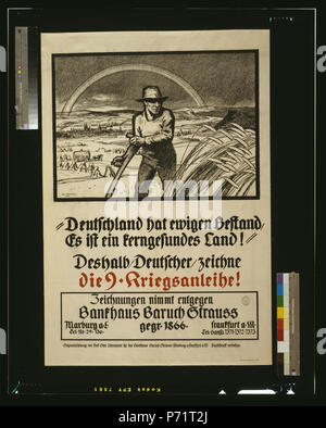 Inglese: Titolo: Die 9. Kriegsanleihe! Abstract: Poster mostra un contadino che taglia il grano con una falce; in background, haystacks, una città, un fiume, fabbriche, montagne e un arcobaleno. Testo annuncia la guerra 9 prestito con un poema: la Germania ha la perpetuità, è un paese del suono, pertanto, tedeschi, iscriviti al 9 Prestito di guerra. Le iscrizioni accettate al Bankhouse Baruk Strauss, Marburg an der Lahn e Frankfurt am Main. Descrizione fisica: 1 stampa (poster) : Litografia, colore ; 116 x 80 cm. Note: fa parte di: Rehse-Archiv für Zeitgeschichte und Publizistik.; Otto Ubbelohde.; titolo dalla voce. 1918 Foto Stock