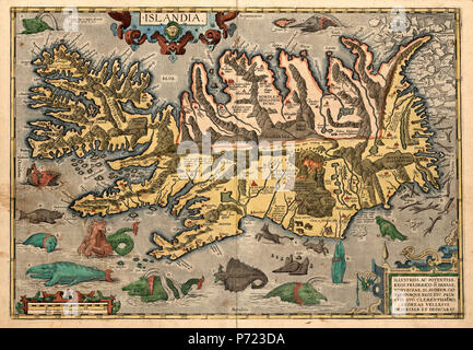 Stampate e handcolored mappa di Islanda ca 1585 - cartografo Abraham Ortelius Foto Stock
