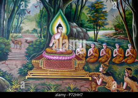 Affresco raffigurante il Buddha con i seguaci in Wat Chiang Mun, Chiang Mai, Thailandia, Sud-est asiatico, in Asia Foto Stock
