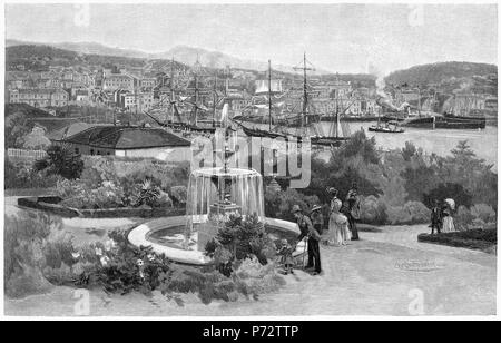 Incisione di Hobart, Tasmania, da McGregor's Gardens, Australia, circa 1880. Dal pittoresco Atlas dell Australasia Vol 2, 1886 Foto Stock