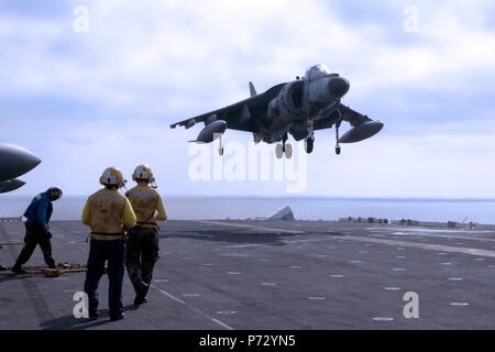Mare Mediterraneo (ott. 15, 2013) Un AV-8B Harrier dalla Marina Militare (Marina Militare Italiana) atterra sul ponte di volo dell'assalto anfibio nave USS Kearsarge (LHD 3). Kearsarge è distribuito come parte dell'anfibio Kearsarge pronto Gruppo di supporto le operazioni di sicurezza marittima e di teatro la cooperazione in materia di sicurezza gli sforzi negli Stati Uniti Sesta flotta area di responsabilità. Foto Stock