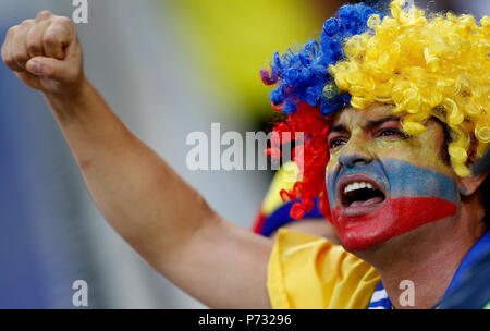 Mosca, Russia. 3 Luglio, 2018. Sostenitore colombiano durante il confronto tra la Colombia e l'Inghilterra, valido per l'ottavo di finale del 2018 Coppa del Mondo svoltasi a Spartak Stadium di Mosca, Russia. (Foto: Rodolfo Buhrer/La/Imagem Fotoarena) Credito: Foto Arena LTDA/Alamy Live News Foto Stock