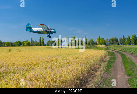 Paesaggio estivo con un vecchio aereo su un campo agricolo in Ucraina Foto Stock