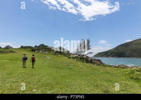 Florianopolis, Santa Catarina, Brasile. Vista posteriore di turisti camminando sulla collina erbosa accanto al mare sulla soleggiata giornata estiva. Foto Stock