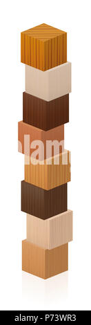 Torre di legno fatto di diversi campioni di legno - textured cubetti da vari alberi - illustrazione su sfondo bianco. Foto Stock