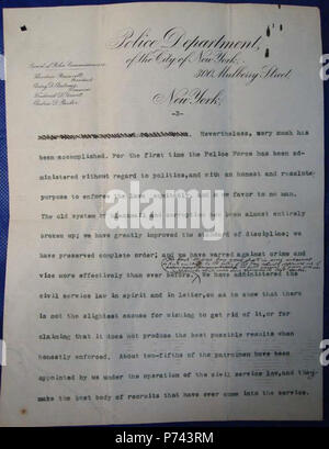 Questa è la pagina tre di Theodore Roosevelt lettera di dimissioni al sindaco di New York, cede la sua posizione di presidente della polizia di New York Department, il 17 aprile 1897. Il testo viene digitalizzato in s:dimissioni lettera (Roosevelt). 17 Aprile 1897 79 Theodore Roosevelt dimissioni 003 Foto Stock