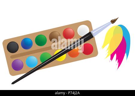 Illustrazione vettoriale con scena di vernici con il pennello dell'artista, su sfondo bianco Illustrazione Vettoriale