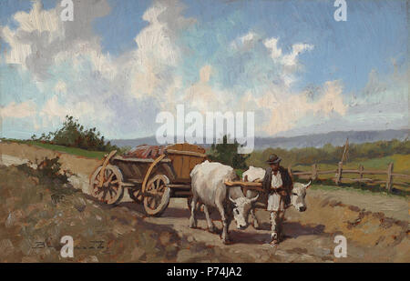 Român: Ludovic Bassarab - Car cu boi, semnat stânga jos în passato, ulei pe carton, 22x34cm. . N/A 159 Ludovic Bassarab - Car cu boi Foto Stock