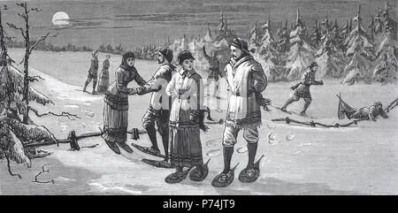 Sport invernali a Halifax, Nova Scotia, Moonlight camminare con le racchette da neve, digitale riproduzione migliorata da un originale stampa da l'anno 1881 Foto Stock