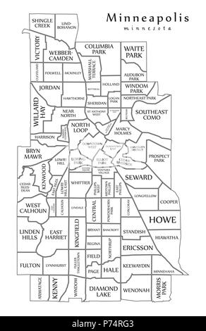 Città moderna mappa - Minneapolis Minnesota città degli Stati Uniti con i quartieri e i titoli mappa di contorno Illustrazione Vettoriale