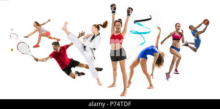 Sport collage circa kickboxing, pallacanestro, badminton, taekwondo, tennis, atletica, ginnastica ritmica, correre e saltare in altezza Foto Stock