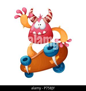 Divertente , carino, crazy monster illustrazione su skateboard Illustrazione Vettoriale