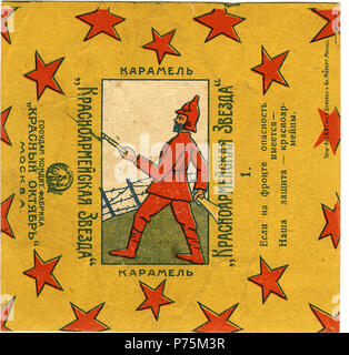 : " " "". . . . 1920- inglese: Involucro caramello "Armata rossa Stella" per 'Mosselprom'. Disegno e testo di Vladimir Mayakovsky. Mosca. 1920-S . 1920s 164 Mayakovsky Krasnoarmejskaya zvezda-1 1924 Foto Stock