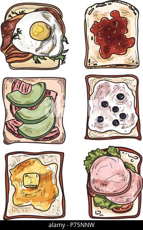 Set di toast colazione su sfondo bianco. Illustrazione Vettoriale