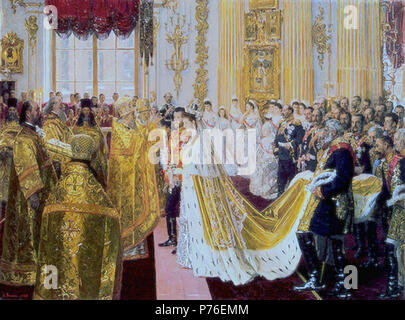 Il matrimonio di Nicola II Zar di Russia, 26 novembre 1894 la principessa Alix di Hesse (1872-1918) fu regina Victoria's nipote. Si sposò con Nicholas II Zar di Russia, il 26 novembre 1894 la Cappella Imperiale del Palazzo d'inverno. Qui lo sposo e la sposa sono holding candele accese e l Arcivescovo Metropolita di San Pietroburgo fa il segno della croce davanti a loro con i loro anelli di fidanzamento. Lo Zar è in ussaro uniforme e la sposa indossa una corona diamantata e la Imperial ricamato in oro mantello foderato con ermellino. L'arancio è stata portata dalla Imperial conserva Foto Stock