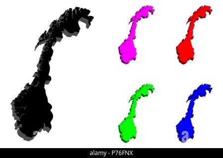 Mappa 3D della Norvegia (Regno di Norvegia) - nero, rosso, viola, blu e verde - illustrazione vettoriale Illustrazione Vettoriale