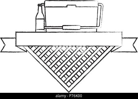 Emblema di pic-nic con prodotti alimentari e dello scambiatore di calore bottiglia di birra su sfondo bianco, illustrazione vettoriale Illustrazione Vettoriale