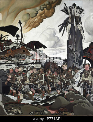 . Inglese: i conquistatori . Inglese: Kilted canadesi del XVI Battaglione, alcuni rappresentati come fantasmi pallido, marzo attraverso un distrutto campo di battaglia di bottiglie rotte, resti scheletrici, e informali di tombe. Eric Kennington originariamente intitolato il suo lavoro le vittime. Dopo la sua mostra in Canada led alle obiezioni circa il titolo dal battaglione di comandante, il tenente colonnello Cy Peck, Kennington ha rinominato i conquistatori. . 1920 1 Eric Kennington - i conquistatori CWM 19710261-0812 Foto Stock