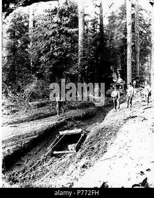 . Inglese: equipaggio di costruzione e dragline benna con motore di asino in background, Wynooche Timber Company, vicino Montesano, ca. 1921 . Inglese: didascalia sull'immagine: Registrazione Wynoche Co. C. Kinsey foto, Seattle. No. 382 PH Coll 516.5194 Il Wynooche Timber Company ha iniziato le operazioni di ca. 1913 con sede a Hoquiam e operazioni di registrazione in Montesano. È stato chiamato con il nome di Valle Wynooche nella zona nord-est di Grays Harbor County. Wynooche Timber Company è stato comprato dalla Schafer Fratelli Logging Company ca. 1927. Montesano, la sede della contea di Grays Harbor County, è otto miglia a est di Aberdeen sul Cheha Foto Stock