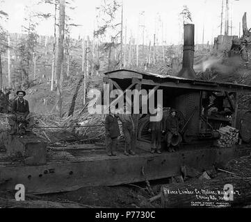 . Inglese: Asino motore ed equipaggio, Vance legname Azienda, vicino Malone, ca. 1916 . Inglese: didascalia sull'immagine: Vance Lumber Co., Malone, nello Stato di Washington C. Kinsey foto, Seattle. No. 7 PH Coll 516.4496 il mulino di legname in Malone è stato stabilito prima del 1908 da Joe Vance legname Azienda. È stato venduto a Bordeaux legname Azienda ca. 1922. Malone è una comunità su Moxie Creek quindici miglia a est di Montesano nel sud-est del porto di Gray County. Esso è stato una volta occupato Segheria e mulino di scandole città, ma ora non ha alcun importante industria. Il nome è per Hector J. Malone, che ha stabilito il primo mulino di scandole in 1897. M Foto Stock