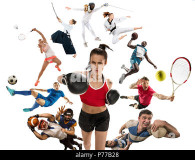 Sport collage circa kickboxing, calcio, football americano, basket, badminton, taekwondo, tennis, rugby Foto Stock