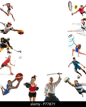 Sport collage circa kickboxing, calcio, football americano, basket, hockey su ghiaccio, badminton, taekwondo, tennis, rugby Foto Stock