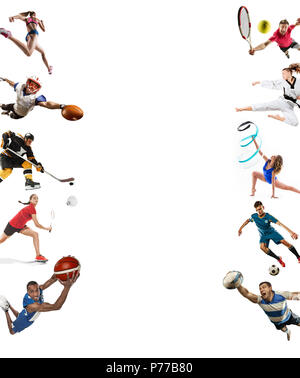 Sport collage circa kickboxing, calcio, football americano, basket, hockey su ghiaccio, badminton, taekwondo, tennis, rugby Foto Stock