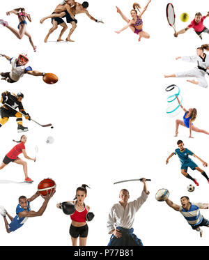 Sport collage circa kickboxing, calcio, football americano, basket, hockey su ghiaccio, badminton, taekwondo, tennis, rugby Foto Stock