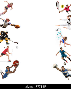 Sport collage circa kickboxing, calcio, football americano, basket, hockey su ghiaccio, badminton, taekwondo, tennis, rugby Foto Stock