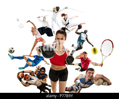 Sport collage circa kickboxing, calcio, football americano, basket, badminton, taekwondo, tennis, rugby Foto Stock