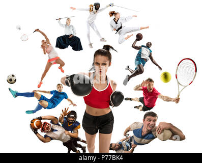 Sport collage circa kickboxing, calcio, football americano, basket, badminton, taekwondo, tennis, rugby Foto Stock